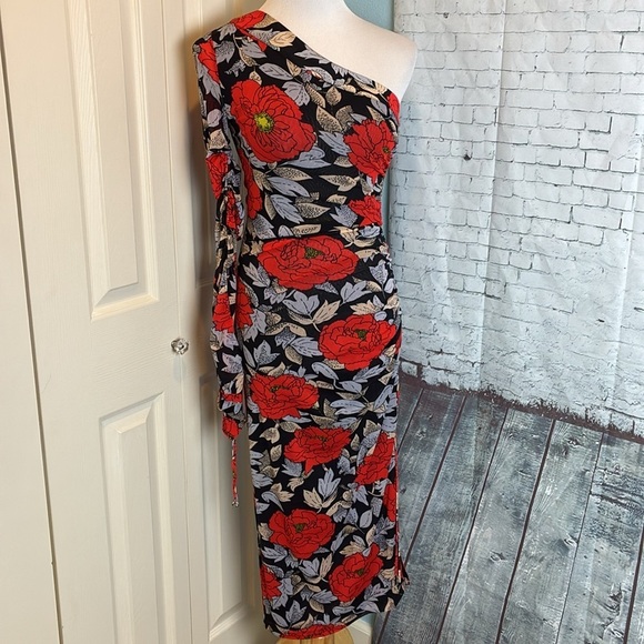 Diane Von Furstenburg Ruched One Sleeve Floral Mesh Dress Boswell Black 6 Sexy - Picture 3 of 16